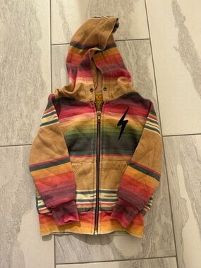 Aviator Nation Kids Tan Multicolor Striped Zip Hoodie with Black Lightning Bolt